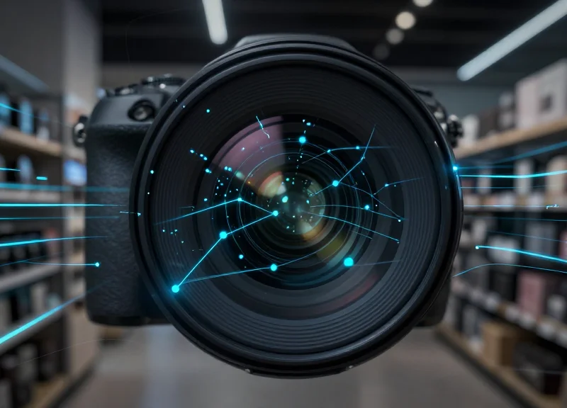 Futuristic visual recognition interface scanning retail items with glowing data points.