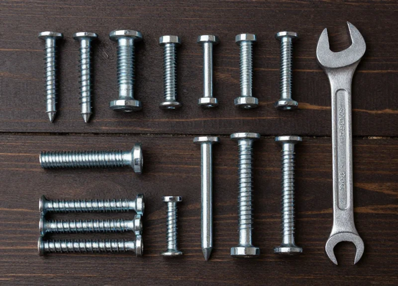Neatly arranged loose hardware items including screws, nails, and metal tools on a wooden surface