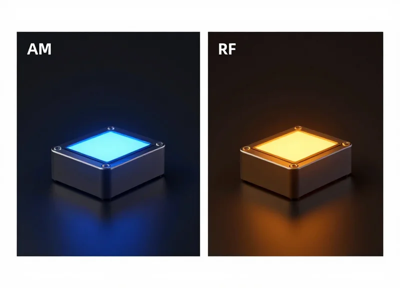 Side-by-side visual comparison of 58kHz AM and 8.2MHz RF internal circuitry modules showing technical differences.