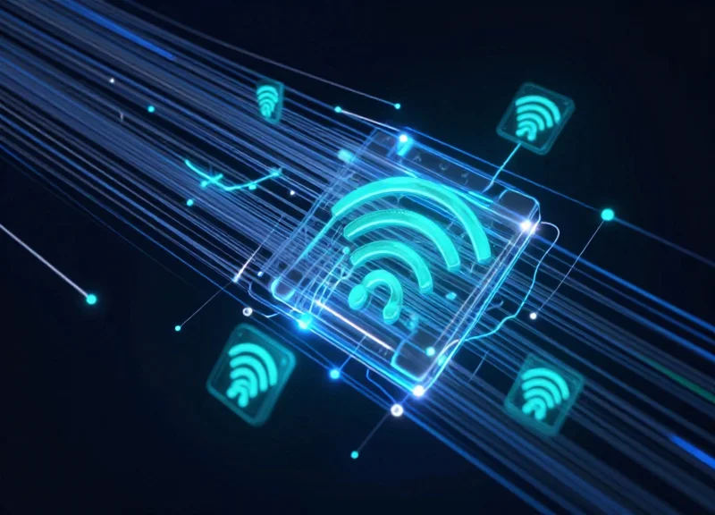 Futuristic visualization of RFID technology and data streams for inventory tracking.
