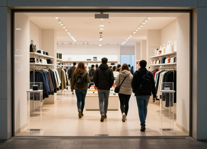 A modern luxury retail store entrance with minimalist security pedestals and satisfied shoppers.