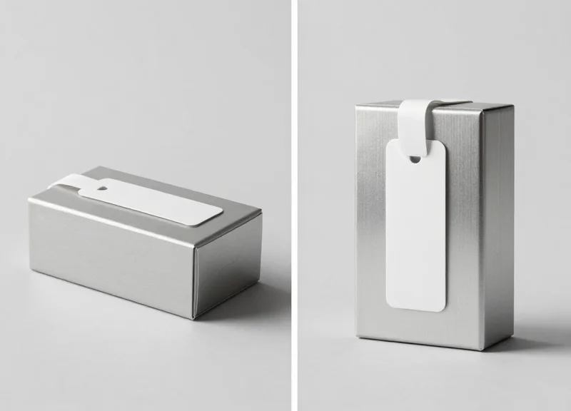 Side-by-side comparison showing a security tag in horizontal versus vertical alignment on a metal object.