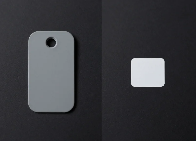 A hard AM security tag next to a flexible RFID label on a clean grey background.
