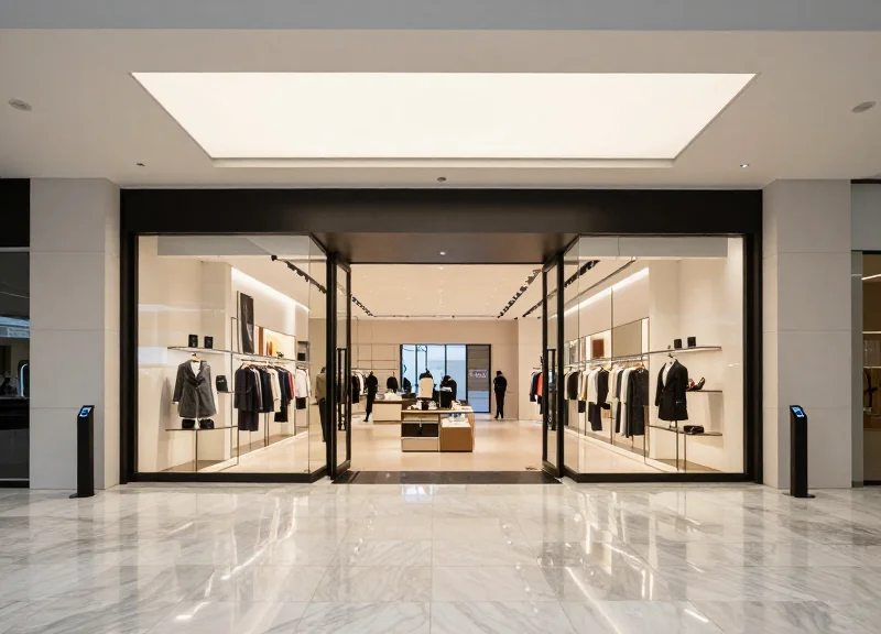 Wide, spacious entrance of a modern department store with discrete floor-integrated security sensors.