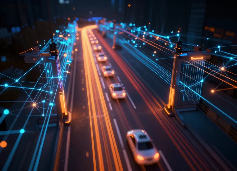 Abstract digital visualization of high-volume customer traffic flow through a retail gateway.