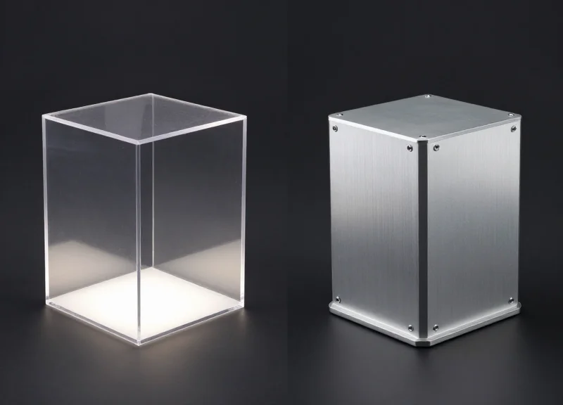 Comparison between a sleek acrylic security pedestal and a rugged aluminum industrial pedestal.