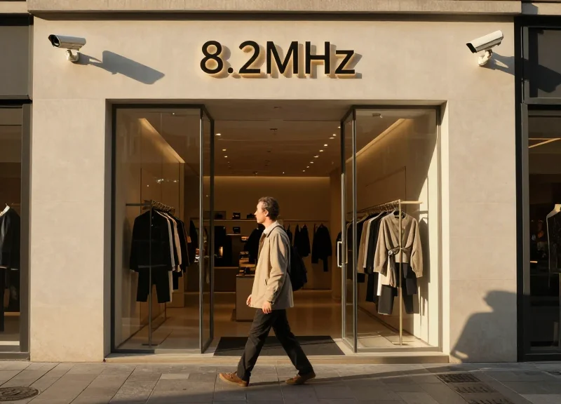 A person walking through a set of retail security gates in a bright modern shop