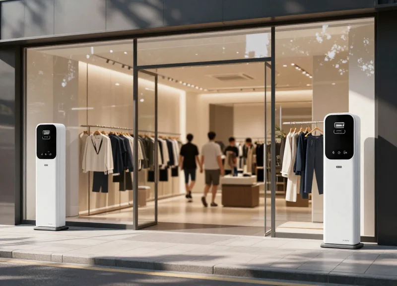 Modern retail store entrance with sleek security pedestals and shoppers in the background
