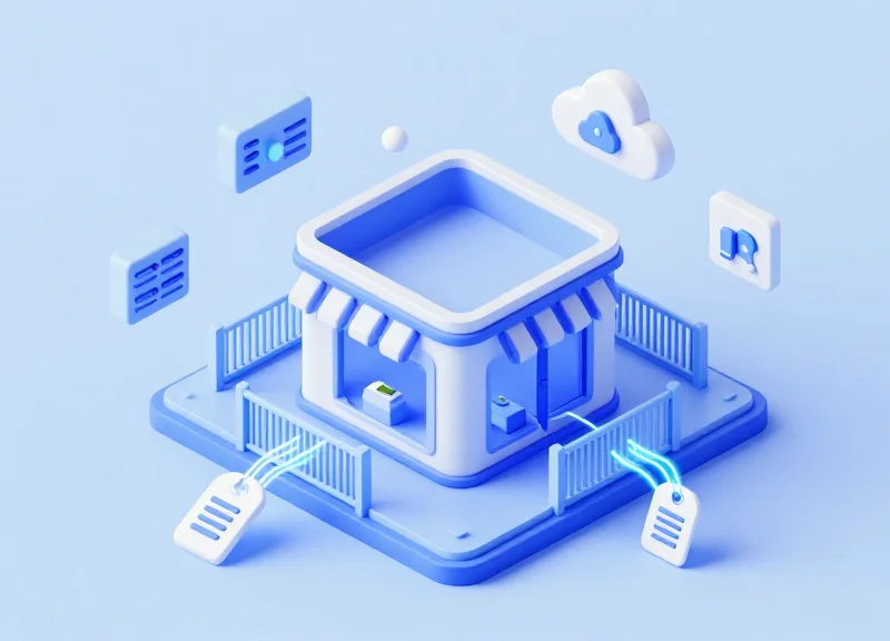 3D isometric model of a smart retail system showing connected security gates and cloud servers