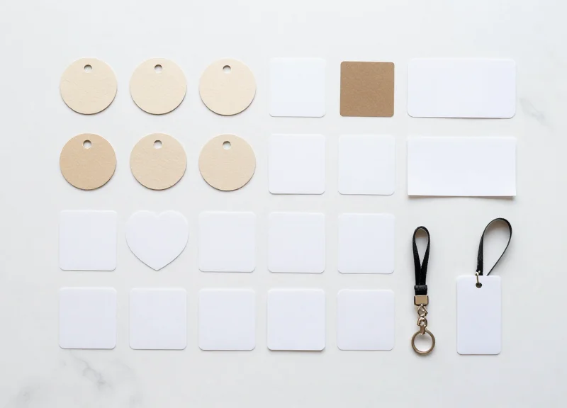 A variety of retail security tags including hard tags and soft labels arranged neatly
