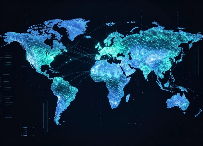 Abstract global map with glowing nodes representing a standardized supply chain