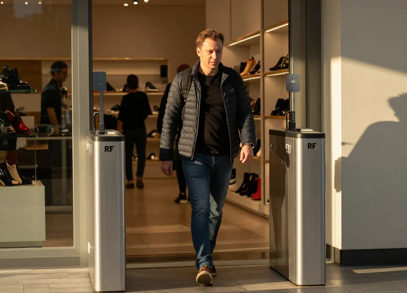 A customer walking through a store exit with security pedestals in a busy shopping mall