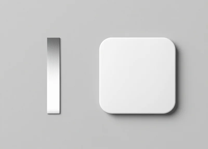 Side-by-side comparison of a thin magnetic EM strip and a square RFID tag on a neutral background.