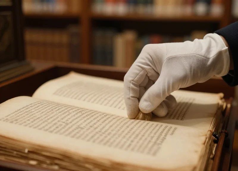 A conservator carefully inspecting an ancient rare book in a specialized archive room.