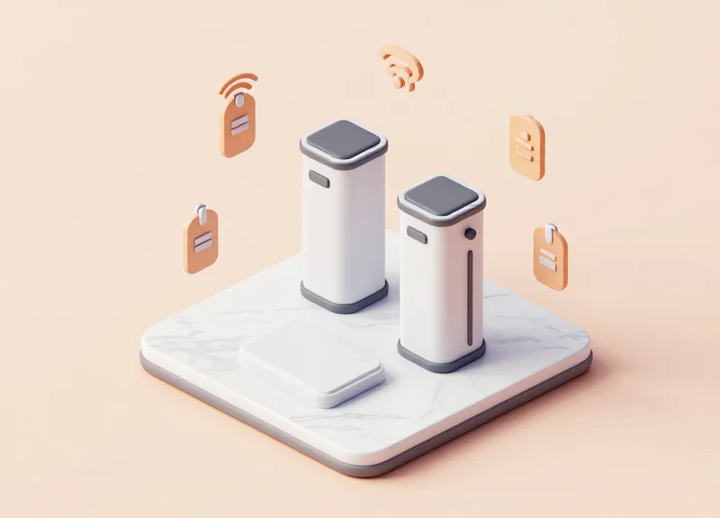 Isometric 3D model of a retail entrance featuring RFID pedestals and floating security tags