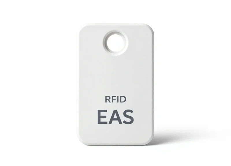 A sleek white dual-frequency security tag for retail items on a pure background.