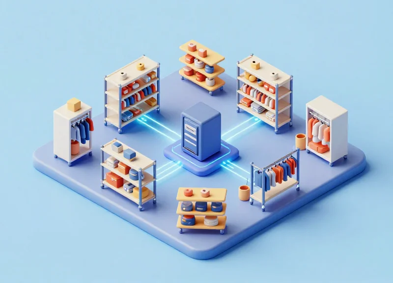 A 3D isometric model of a retail store infrastructure connected to a digital network.