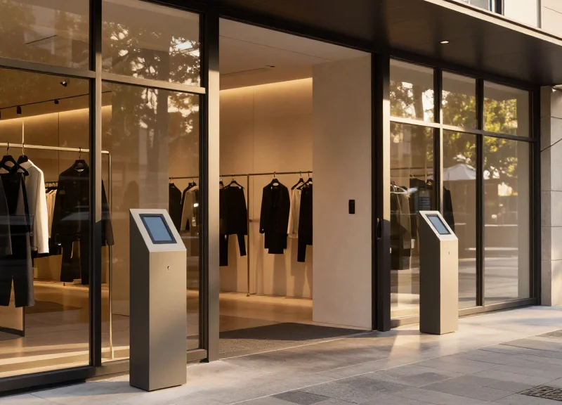 Wide shot of a modern retail boutique entrance with sleek security pedestals and soft natural lighting.