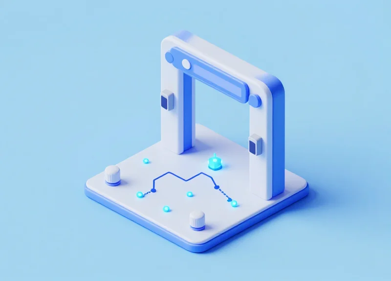 Isometric 3D model of a retail gateway system with integrated RFID and EAS sensors showing data flow.
