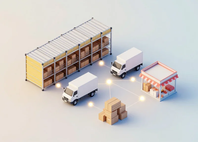 An isometric micro-scene showing warehouse to store logistics with glowing tracking nodes.