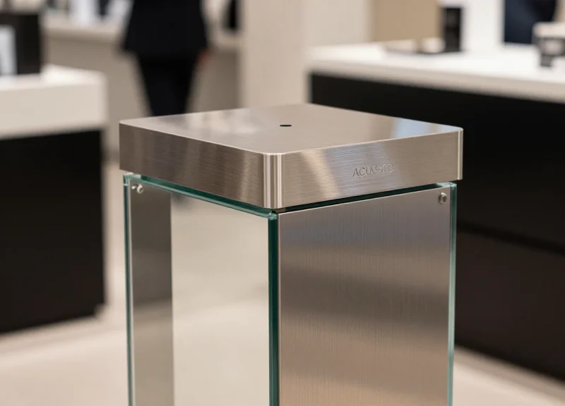 Close-up of an elegant AM EAS pedestal in a high-end fashion environment