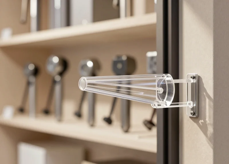 Close-up of a modern, minimalist security antenna integrated into an industrial showroom design.