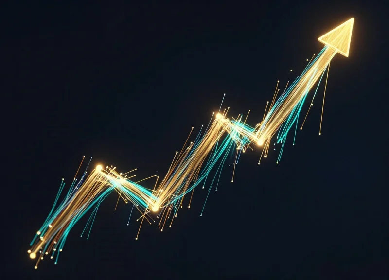 Abstract visualization of upward trending light trails representing financial return on investment.