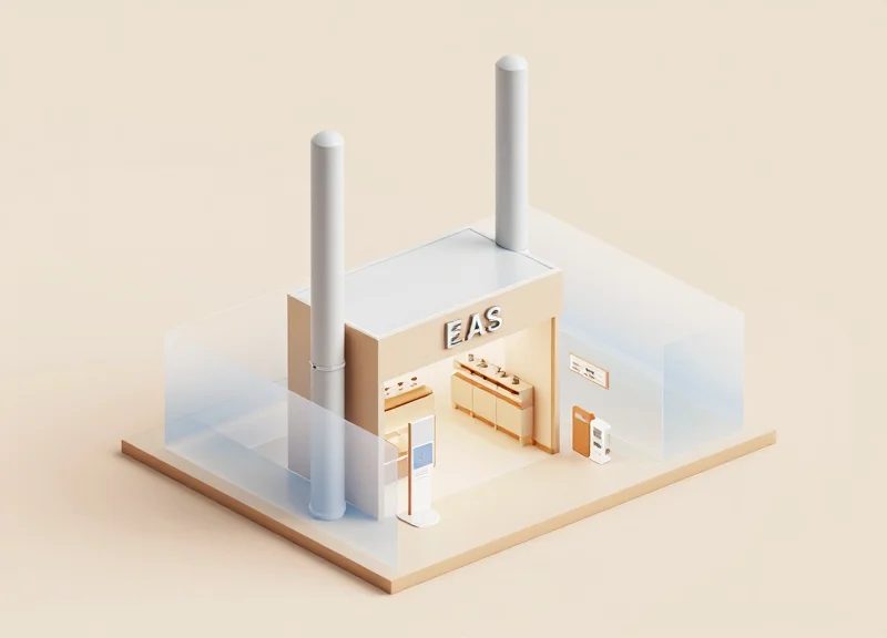 3D isometric model showing antenna positioning at a store entrance.