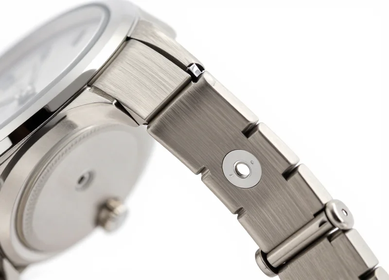Close-up of a high-value metallic item with a discreet security tag.
