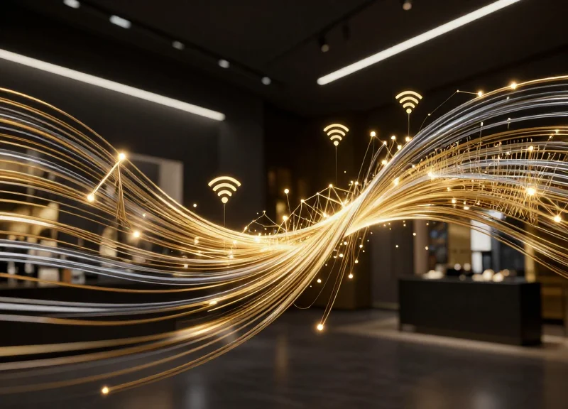 Abstract digital data streams and glowing BLE signal nodes in a luxury retail context