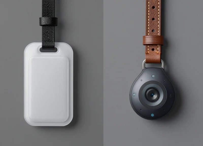 A side-by-side comparison of a traditional security tag and a modern, sleek BLE tracker on a handbag.