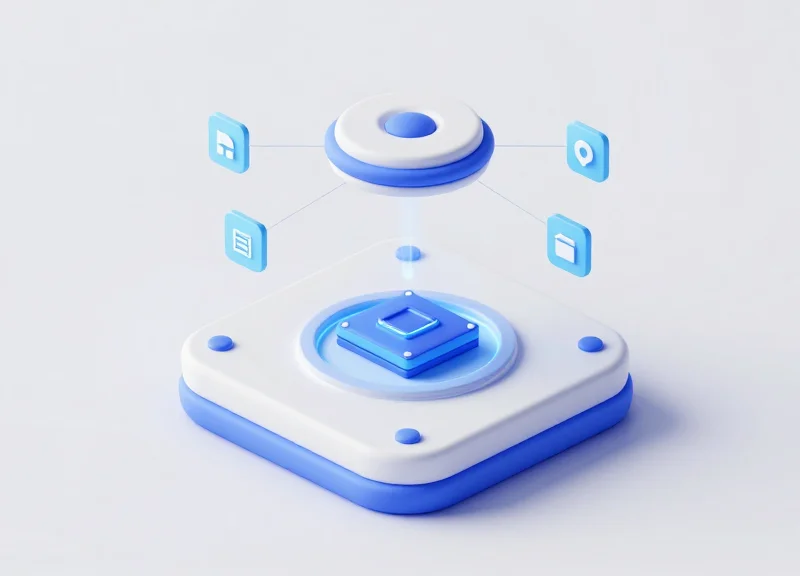 Isometric 3D model of a retail entrance pedestal with a glowing BLE anchor module inside