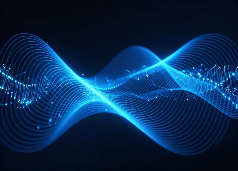 Abstract visualization of Bluetooth Low Energy (BLE) signals as glowing blue waves in a modern space.