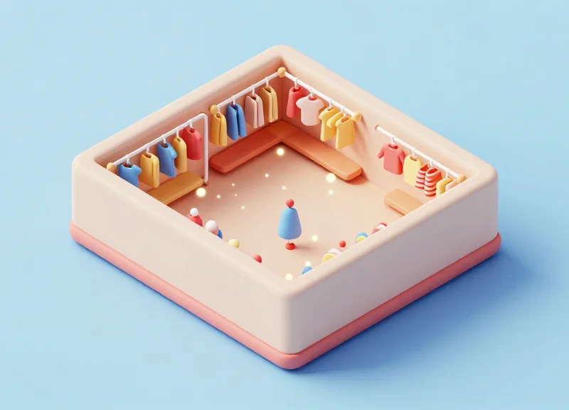 3D isometric model of a retail store layout with tracking points and coverage zones.