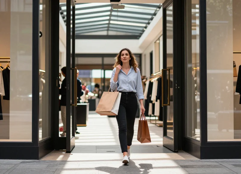 A stylish shopper walking freely through a store entrance