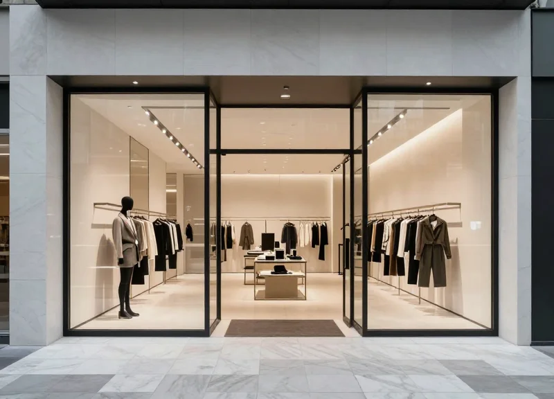 A luxury retail store entrance with clean modern design and no visible security pedestals, showcasing the invisible security concept.