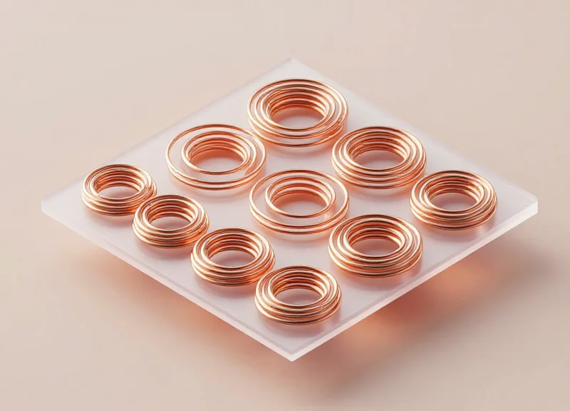 3D isometric illustration of a floor section with hidden copper wire loops arranged in a precise geometric pattern.