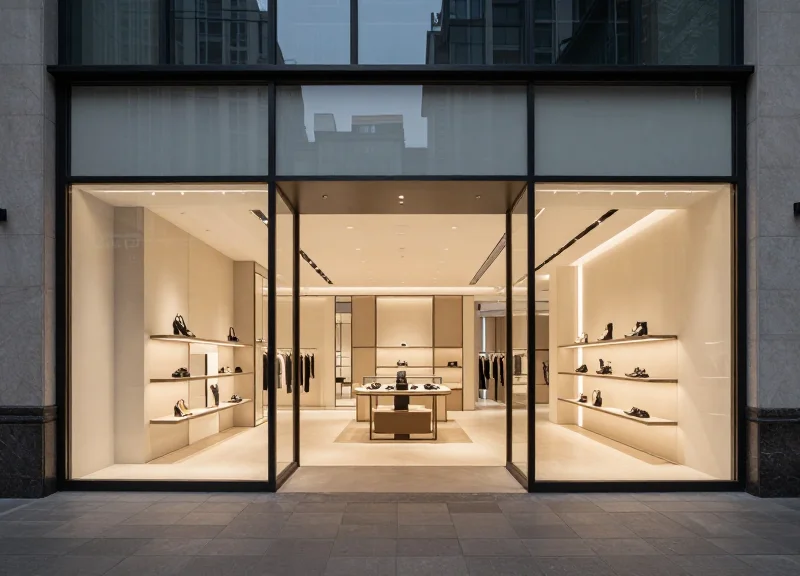 A wide, open entrance of a luxury flagship store with a minimalist glass facade and soft warm lighting.