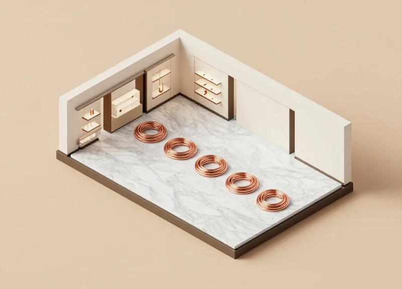 Isometric 3D cutaway view of a retail floor showing hidden copper security loops beneath the marble surface.