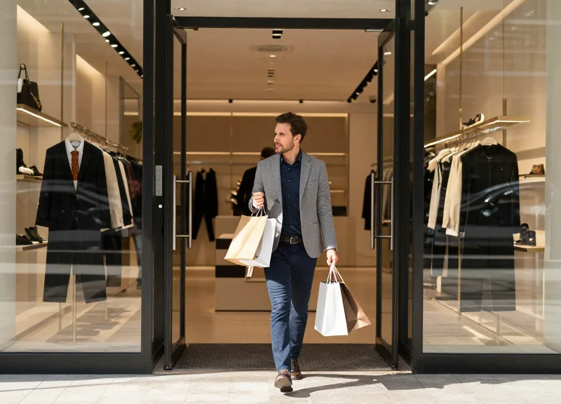 A shopper walking freely through an unobstructed high-end store entrance with no visible security gates.
