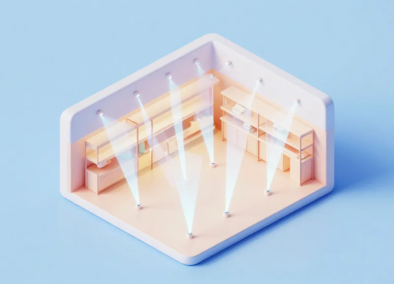 Isometric 3D model of a wide store entrance with overhead sensors emitting a transparent blue field of protection across a 10-meter span.