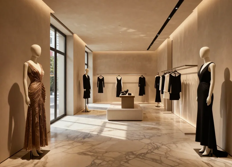 The interior of an elegant luxury fashion boutique with high-end decor and sophisticated lighting.