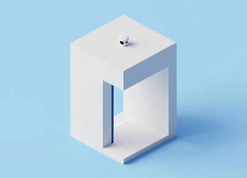 An isometric 3D model of a boutique entrance featuring a discreet overhead security sensor.