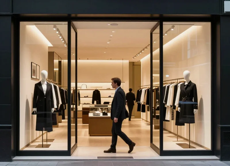 A customer walking comfortably through a wide, open store entrance without security gates.