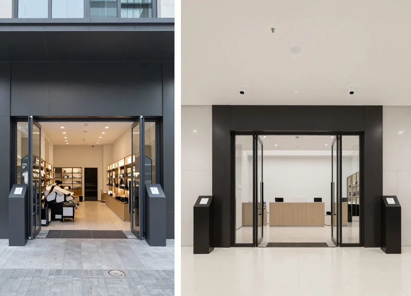 Comparison between a store entrance with bulky security pedestals and a clean entrance with overhead detection.