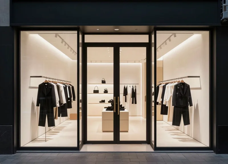 Wide open entrance of a luxury boutique showing high-end customer experience