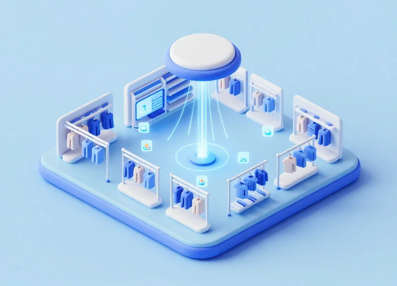 Isometric view of a smart retail floor with inventory tracking icons