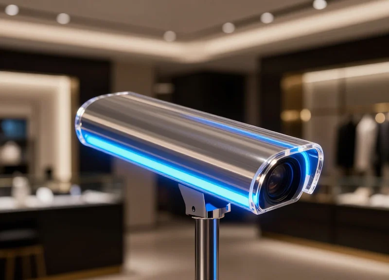 A modern security antenna with integrated RGB lighting glowing softly in a dim boutique setting.