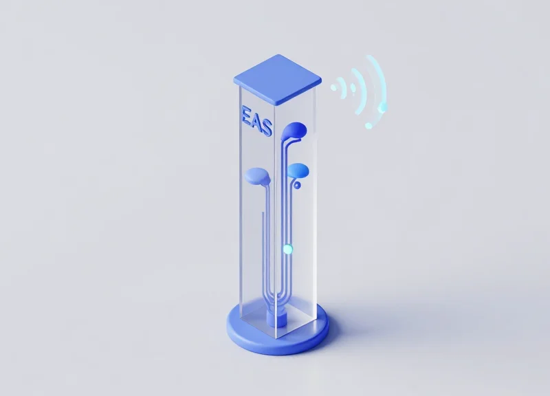 Isometric 3D view of an acrylic EAS antenna showing its internal sensor components and modular design.