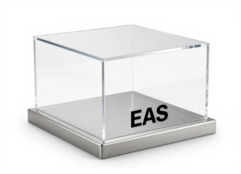 A close-up studio shot of a crystal-clear acrylic EAS security pedestal highlighting its sleek and transparent design.